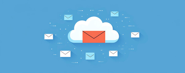 Naklejka premium Digital cloud with floating envelopes illustrating online communication and email management in a modern, tech-inspired setting