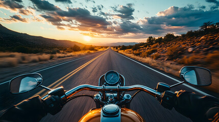A Harley-Davidson motorcycle cruising down Route 66 at dusk with the open road ahead.