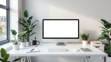 Fototapeta premium A modern workspace with a sleek desk, computer, and branded stationery surrounded by green plants and minimalist decor, decor, desk, office