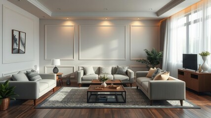 Fototapeta premium A realistic living room mockup with dynamic elements such as moving furniture and changing lighting, showcasing the versatility of interior design, modern, creativity, furniture