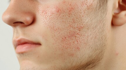 Detailed portrait of face with mild acne scars, plain background,