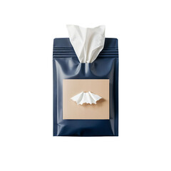 A unique design of a tissue package showcases a minimalist aesthetic with an elegant tapered tissue protruding from a navy container, creating a modern touch to any setting.