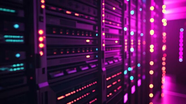A row of servers in a data center glows with pink and blue light