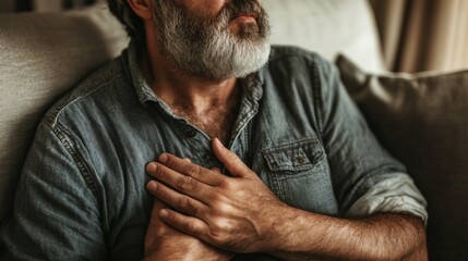 Older man with a beard clutching his chest with a concerned look, seated on a sofa in a cozy living room setting with soft, natural lighting
