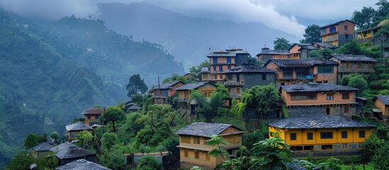 Fototapeta premium Mountainside Village Homes in Foggy Conditions