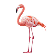 Fototapeta premium A stunning pink flamingo stands gracefully on one leg, showcasing its exotic beauty and elegance. This vibrant bird captivates the eye with its vivid plumage and distinctive posture.