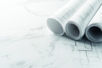 Stylish close up of architectural blueprints and paper rolls for real estate advertising showcase