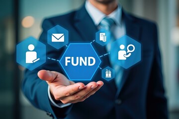 Professional Businessman Presenting Digital Fund Management Concept with Blue Icons, Ideal for Financial Marketing and Investment Promotion