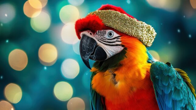 Colorful parrot with a festive hat, bright background, close-up view,