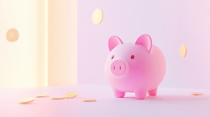 Cute piggy bank in pastel pink color with floating coins on light background, copy space, saving concept. Generative AI