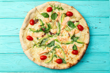 Italian pizza with avocado salmon  tomatoes and mozzarella photography. top view
