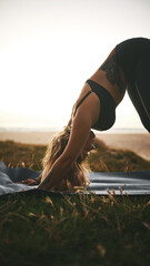 Exercise, holistic and yoga with woman outdoor on mat for balance, inner peace or mindfulness....