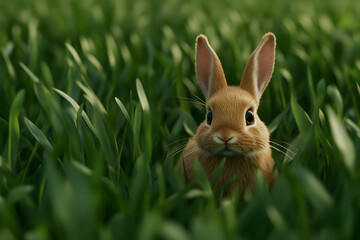 Fototapeta premium A small rabbit hopping through a field of tall grass, showcasing its natural habitat and cuteness. A rabbit in its element.