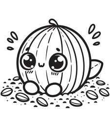 Coloring page design melon with seeds on the ground