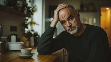 Middle-aged man with a serious expression, seated at a kitchen counter, holding his head in one hand with a cup of tea nearby, under soft indoor lighting