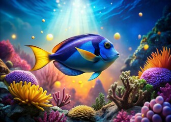 Ethereal Blue Tang Fish with Radiant Yellow Tail Fin in a Dreamlike Underwater Scene Surrounded by Colorful Coral and Bubbles, Capturing the Essence of Oceanic Surrealism