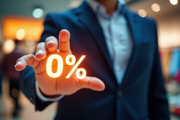 Professional Businessman Showcasing Zero Percent Interest Rate, Perfect for Financial Services Advertising and Marketing Campaigns