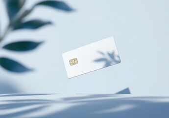Elegant mockup of a floating white credit card with plant shadow on a light blue background