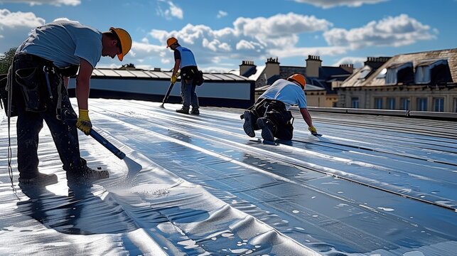 A team of technicians applying a waterproofing treatment on the roof of a building. workers using appropriate equipment, with a focus on protecting the infrastructure against water leaks.