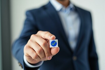 Professional Holding Blue Chip Symbolizing Success and Technology in Business Environment