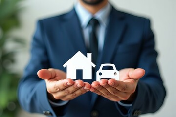 Professional Man in Blue Suit Holding House and Car Icons, Symbolizing Trust and Security in Real Estate and Insurance