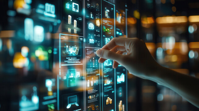 hand interacting with digital catalog display featuring glowing product images, showcasing technology and modern design. scene conveys innovation and engagement