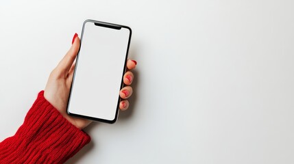 Hand Holding Smartphone Mockup: A female hand with red nails holds a modern smartphone with a blank screen, offering a versatile platform for app presentations and mobile design showcases. The clean.