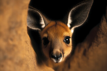 A baby kangaroo peeking out from its mother's pouch, illustrating the bond between them. A joey in its mother's pouch.


