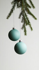 Aesthetic green christmas toy ball hanging on fir branches, light background. Festive template. Generative AI