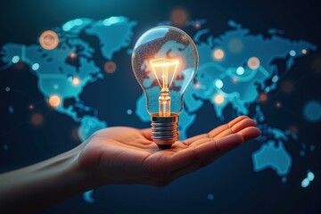 Illuminating Global Innovation: Hand Holding Glowing Light Bulb with World Map Background, Symbolizing Creativity and Connection