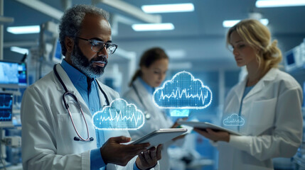 A group of doctors collaborates on patient data in a modern hospital with advanced technology and digital health solutions