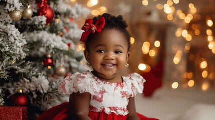 Fototapeta premium Smiling black baby girl in a red and white Christmas dress sitting by a decorated Christmas tree with soft glowing lights,