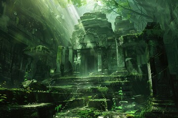 Ancient Stone Temple Overgrown with Lush Jungle Foliage