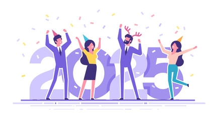 Happy business people at a Christmas and New Year's corporate party on the background with big numbers 2025. Positive men and women in party caps dancing and having fun. Modern vector characters.