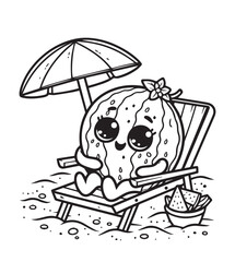 Coloring page design melon sitting on the beach bench