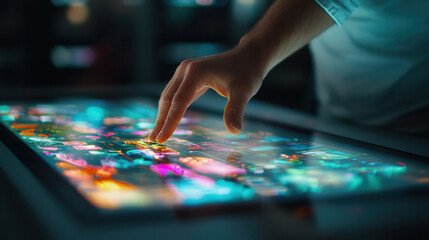 Fototapeta premium close up of hand interacting with digital holographic display, showcasing vibrant images and colors. scene conveys sense of innovation and technology