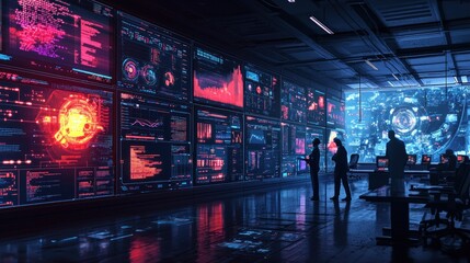 Business team collaborates in a modern office with high-tech displays during an afternoon strategy meeting focused on data analysis and project planning