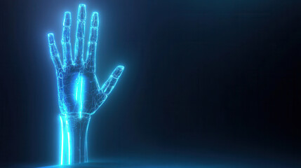 futuristic robotic hand reaching out, illuminated in blue light, symbolizes technology and innovation. intricate design showcases blend of art and science, evoking curiosity and wonder
