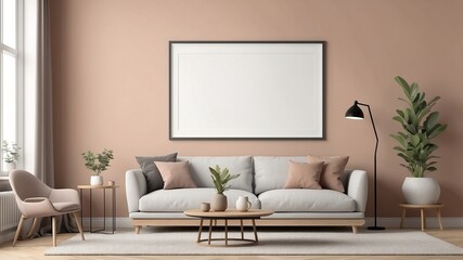 Frame mockup, ISO A paper size. Living room wall poster mockup. Interior mockup with house background. Modern interior design. 3D render