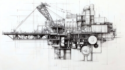 Obraz premium Industrial architectural drawing of complex structure with cranes and machinery, showcasing intricate details and engineering design