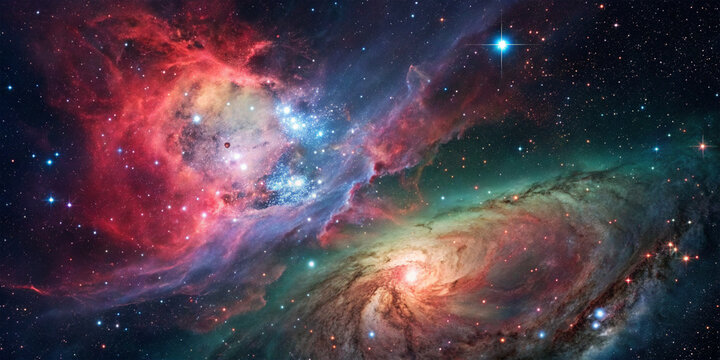 Vivid cosmic nebula with stars, vibrant colors, and galaxies