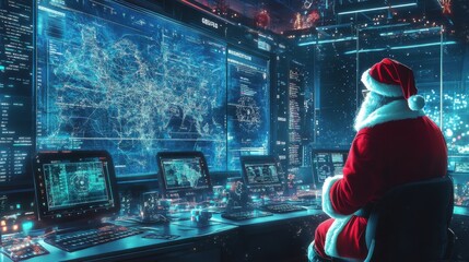 Santa Claus in a Tech Lab with Digital Control Panels: