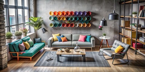 Naklejka premium Monochromatic Sitting Room Interior Featuring Industrial Designer Furniture with a Unique Paper Tubes Couch and Vibrant Colorful Accents for Modern Living Spaces
