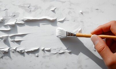 A hand applying white paint with a brush to a surface.
