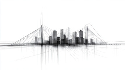 Fototapeta premium Modern city skyline with grand suspension bridge in architectural design. intricate lines and structures create dynamic visual representation of urban life