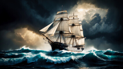 Obraz premium Atmospheric composition depicting a large sailing ship navigating through a turbulent sea