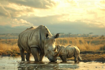 Fototapeta premium White Rhinoceros Family at Sunset
