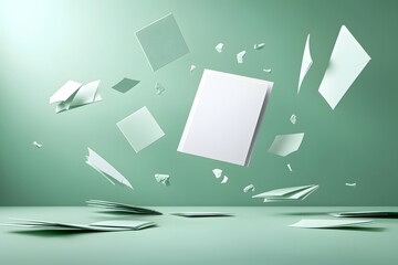 Floating Mockup of a Blank Greeting Card Surrounded by Various Paper Shapes Against a Soft Green Background for Creative Design Use