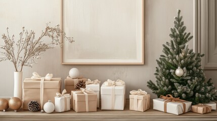 Fototapeta premium White and Warm Beige Frame with Textured Ribbons: A cozy,