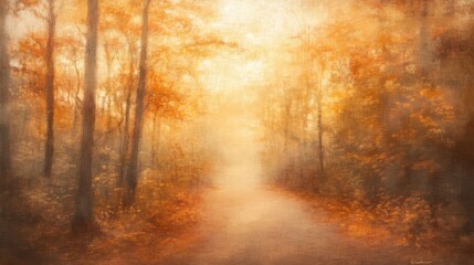 Fototapeta premium Woodland Path with Autumn Foliage: A softly blurred, sunlit